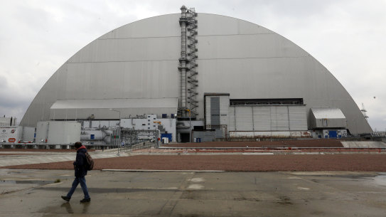 The enormous protective dome over the top of the Chernobyl reactor building. 