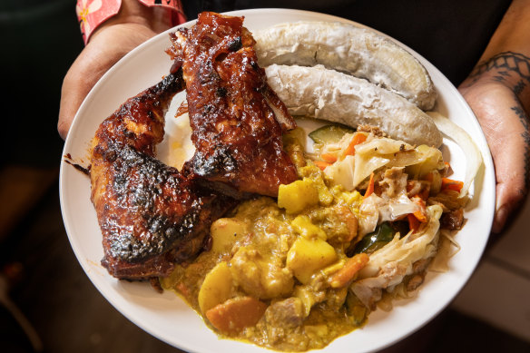 Marinated chicken and lamb with curry, banana and chow mein at Banana Leaf in Hampton Park.