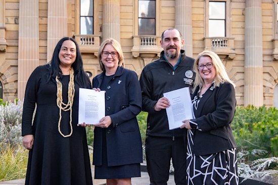 Treaty is here. From left to right: Ngarra Murray, Premier Jacinta Allan, Rueben Berg, Minister for First Peoples and Treaty Natalie Hutchins.