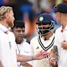 Ben Stokes (left) and Ravindra Jadeja exchange words at the end of the match.