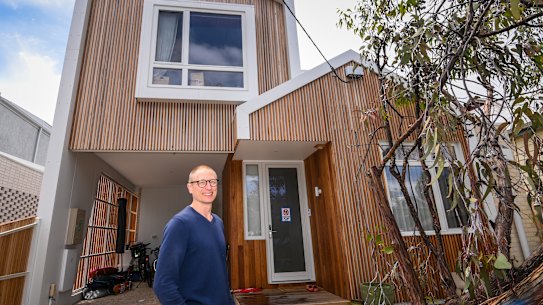 Ben Schrever at his prefab home.