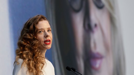 Bianca Spender speaks during a tribute to fashion designer Carla Zampatti at Fashion Week.