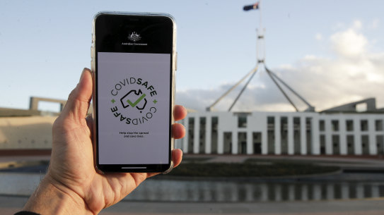 Generic photo of COVIDsafe tracing app launched by the Australian government in response to the COVID-19 coronavirus pandemic seen on a mobile phone in front of Parliament House in Canberra on Sunday 26 April 2020. 