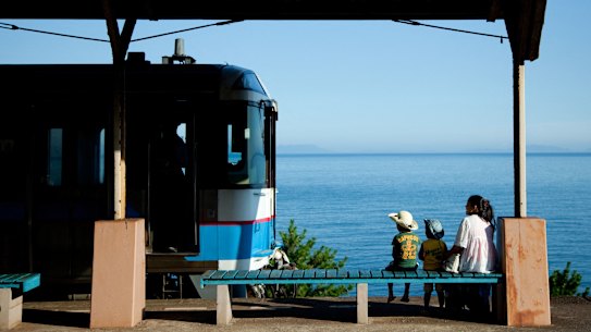 Shimonada station, overlooks the calm waters of the Seto Inland Sea.
