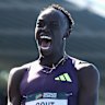 Gout Gout of Queensland celebrates breaking the world junior record and Australian Record in the men’s 200m.