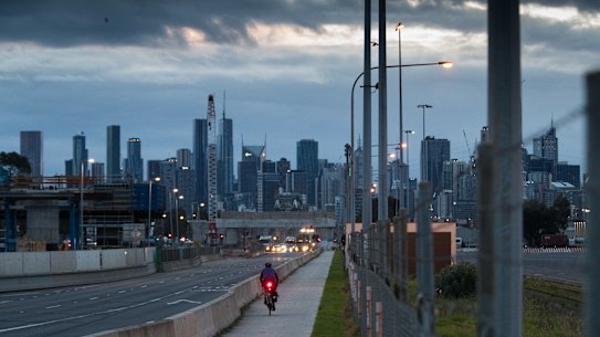 Melbourne’s roads and cycling paths, seen here from Footscray, were quiet on Tuesday morning in Victoria’s fifth lockdown.