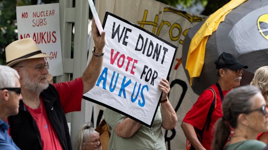 Anti AUKUS protesters outside Labor’s national conference in Brisbane on Friday.