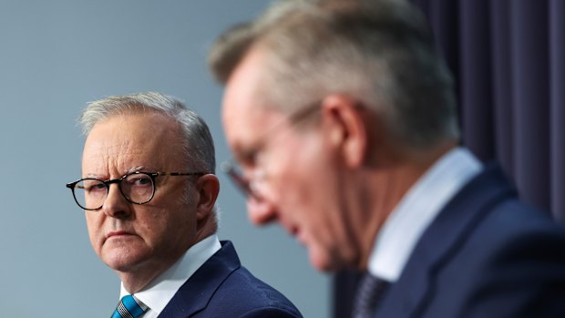 Prime Minister Anthony Albanese and Minister for Climate Change and Energy Chris Bowen during a press conference at Parliament House in Canberra . 