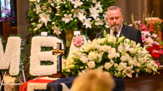 Kimberley Kitching’s husband Andrew Landeryou speaks at the service.