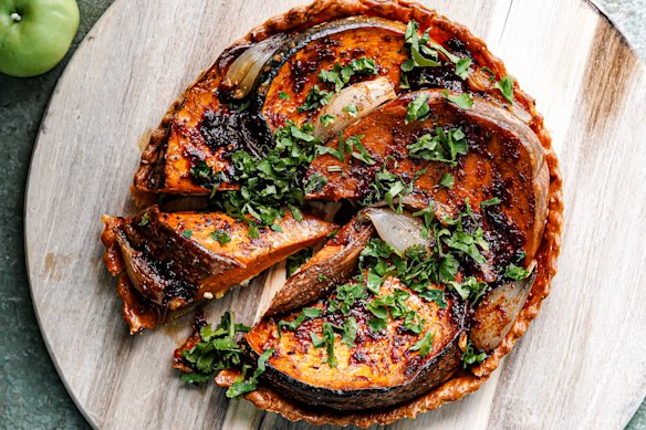 Pumpkin, feta and shallot tart.