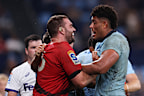 Antonio Shalfoon of the Crusaders and Miles Amatosero of the Waratahs exchange heated words.