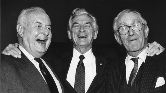Former Prime Ministers Gough Whitlam, Bob Hawke and Malcolm Fraser appear together on June 29, 1992 for the 100th episode of Face the Press on SBS Television. 