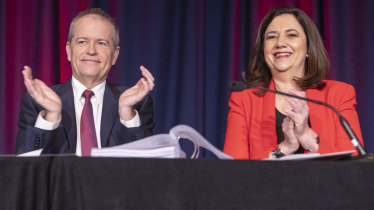 Leader of the Opposition Bill Shorten and Queensland Premier Annastacia Palaszczuk are seen during the annual Queensland Labor state conference at the Brisbane Convention and Exhibition Centre on Saturday.