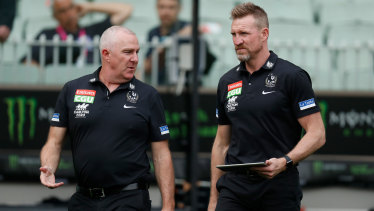 Collingwoodâ€™s GM of football Graham Wright with former coach Nathan Buckley.