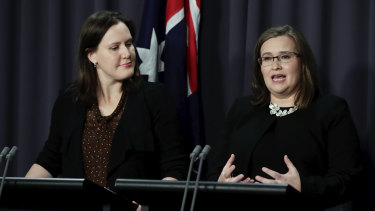 Minister Assisting the Prime Minister for the Public Serivce, Kelly O'Dwyer and Sex Discrimination Commissioner Kate Jenkins address the media during a joint press conference at Parliament House in Canberra on Wednesday. 