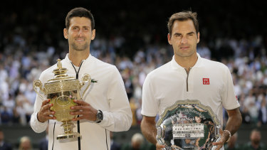 Novak Djokovic and Roger Federer after their epic 2019 Wimbledon final.