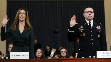 Jennifer Williams, an aide to Vice President Mike Pence, left, and National Security Council aide Lieutenant Colonel Alexander Vindman, both listened in on the infamous phone call between Trump and his Ukrainian counterpart. 