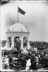 The pavilion as it was on the day in Centennial Park it was used to swear the oath of office on Federation day, January 1, 1901, and now in Cabarita Park.