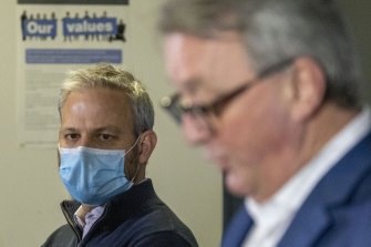 Chief Health Officer Brett Sutton and Health Minister Martin Foley address the media on Saturday.
