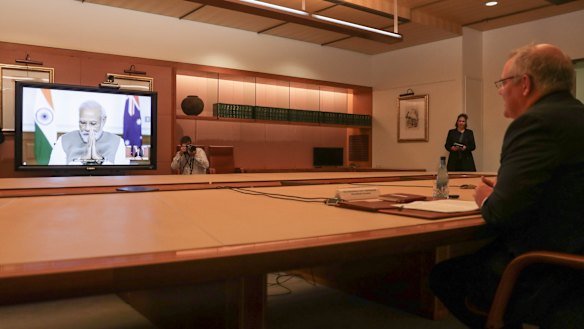 Prime Minister Scott Morrison during the Australia and India virtual summit with the Prime Minister of India, Narendra Modi, in Canberra on  Thursday.