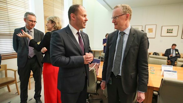 Treasurer Josh Frydenberg and RBA Governor Dr Philip Lowe during a Business Growth Fund roundtable at Parliament House in Canberra on Thursday. 