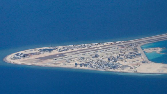 A man-made Chinese airstrip in the heavily contested South China Sea.