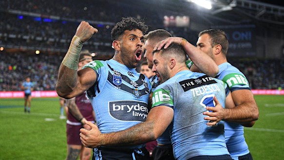 James Tedesco celebrates with Josh Addo-Carr.
