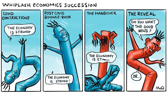 Former treasurer Josh Frydenberg passes the baton on to Labor’s Jim Chalmers.