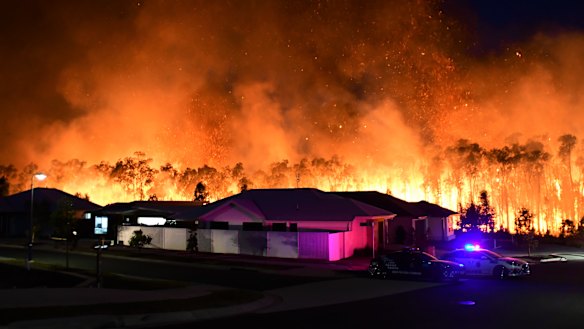 The Peregian Springs bushfire on the Sunshine Coast on Monday.