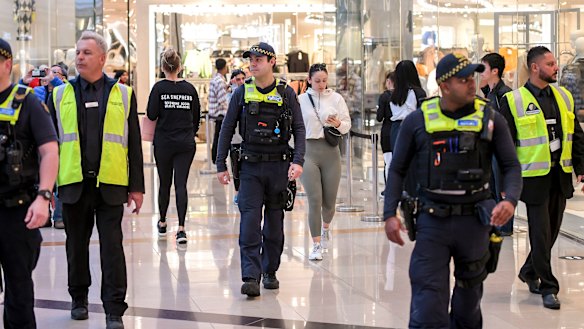 Security guards and PSOs at Chadstone, Melbourne, patrolling the shopping centres and reminding customers of social distancing guidelines.