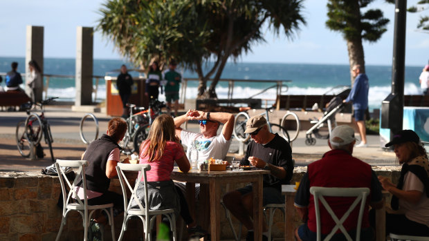 People dine in at Surfers Paradise as restrictions eased to allow some venues to reopen in May.