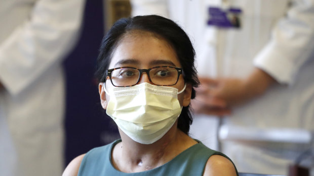 Mayra Ramirez, a COVID-19 survivor due to a double-lung transplant, responds to a question about her journey through the pandemic during her first news conference at Northwestern Memorial Hospital in Chicago.