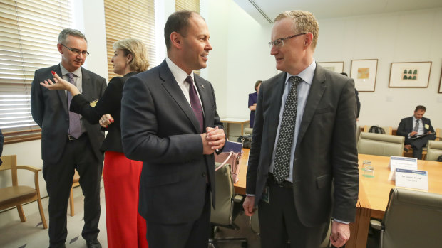 Treasurer Josh Frydenberg and RBA Governor Dr Philip Lowe during a Business Growth Fund roundtable at Parliament House in Canberra on Thursday. 