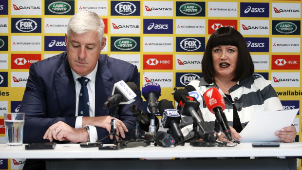 Cameron Clyne and Raelene Castle  front the media last December to announce a high-performance overhaul which included Johnson being appointed director of rugby. 