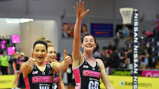 All smiles: Maisie Nankivell and Kate Shimmin after a win for the Thunderbirds.