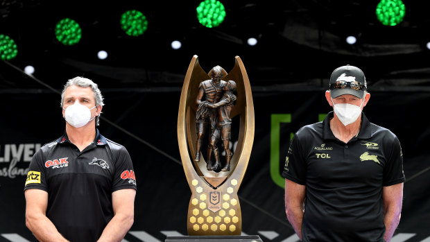 Rival grand final coaches Ivan Cleary (left) and Wayne Bennett in Brisbane’s King George Square on Friday.