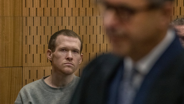 Christchurch mosque gunman Brenton Tarrant during his sentencing hearing on Thursday. The terrorist has been jailed for life without parole.