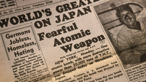 AAP reports on the 1945 nuclear bombing of Hiroshima in a front-page story in the Daily Telegraph.