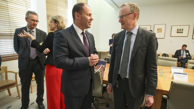 Treasurer Josh Frydenberg and RBA Governor Dr Philip Lowe during a the Business Growth Fund round table at Parliament House in Canberra in December. 