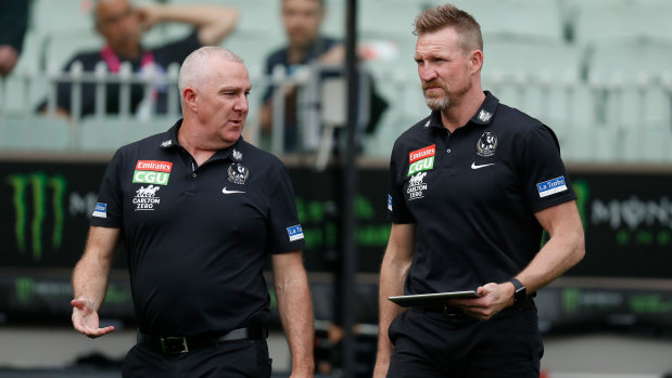 Collingwood GM of football Graham Wright and senior coach Nathan Buckley.