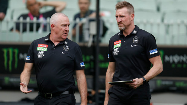 Collingwood’s GM of football Graham Wright with former coach Nathan Buckley.