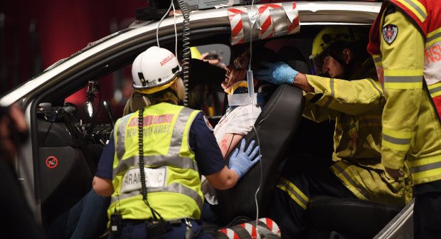A re-enactment of a car crash scenario allows paramedics to develop skills.