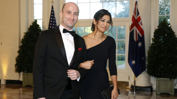 US President Donald Trump's senior adviser Stephen Miller, left, and Katie Waldman, now Miller, arrive for a state dinner with Prime Minister Scott Morrison and President Donald Trump at the White House in Washington last year.