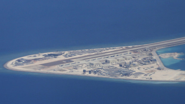 A man-made Chinese airstrip in the heavily contested South China Sea.