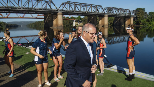 How good is that river?: Prime Minister Scott Morrison visits the Nepean Rowing Club at Penrith earlier this month.