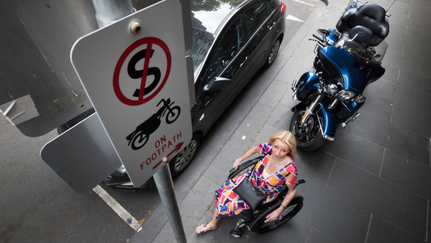 Double amputee Amanda Lawrie-Jones was once stuck on the footpath for 90 minutes when a motorcycle blocked her getting to her car.