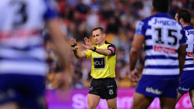 Ref justice: Gerard Sutton awards a penalty for offside in a controversial Broncos v Bulldogs clash last year.