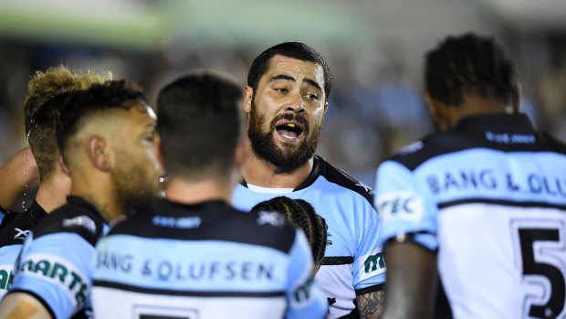 Showing the way: Andrew Fifita has a word to his Sharks teammates.