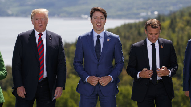 President Donald Trump, Canadian Prime Minister Justin Trudeau, and French President Emmanuel Macron at the G-7 Summit.
