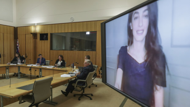 Barrister Amal Clooney appears via teleconference during a hearing with the Joint Standing Committee on Foreign Affairs, Defence and Trade.